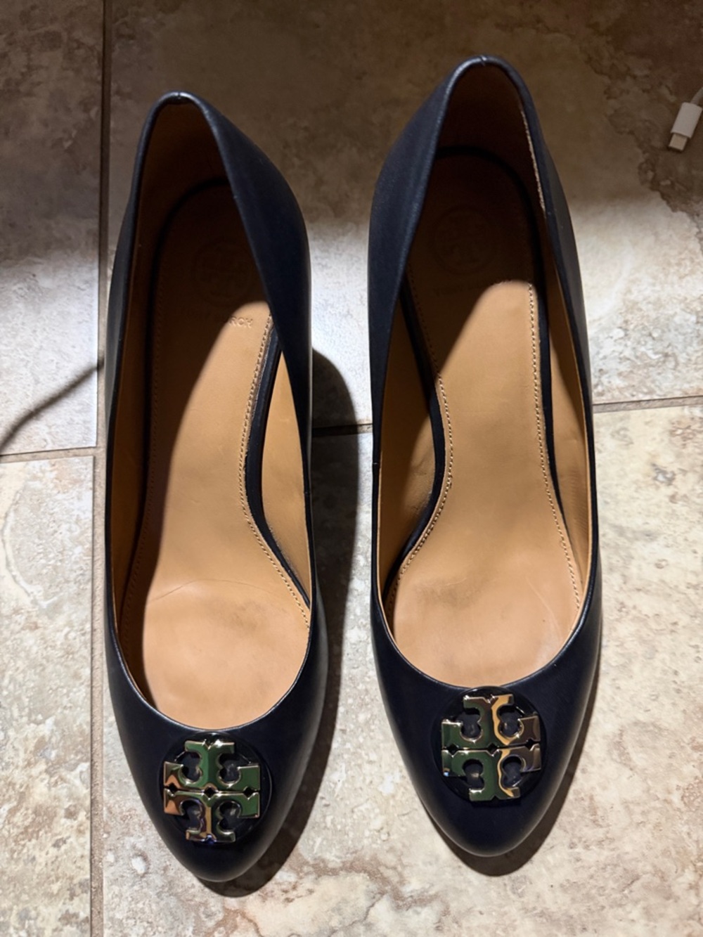 Tory Burch  Leather Closed Toe Wedge Heels with Gold Logo Accent